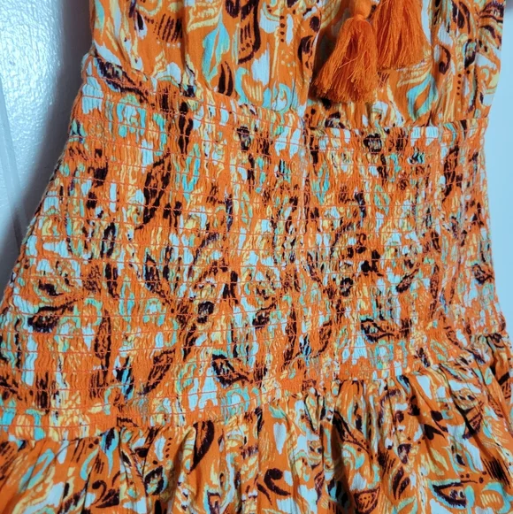 NWT Aerie Smocked Waist Mini Dress Orange Floral Tiered Ruffle Hem 100% Cotton M - Picture 10 of 16